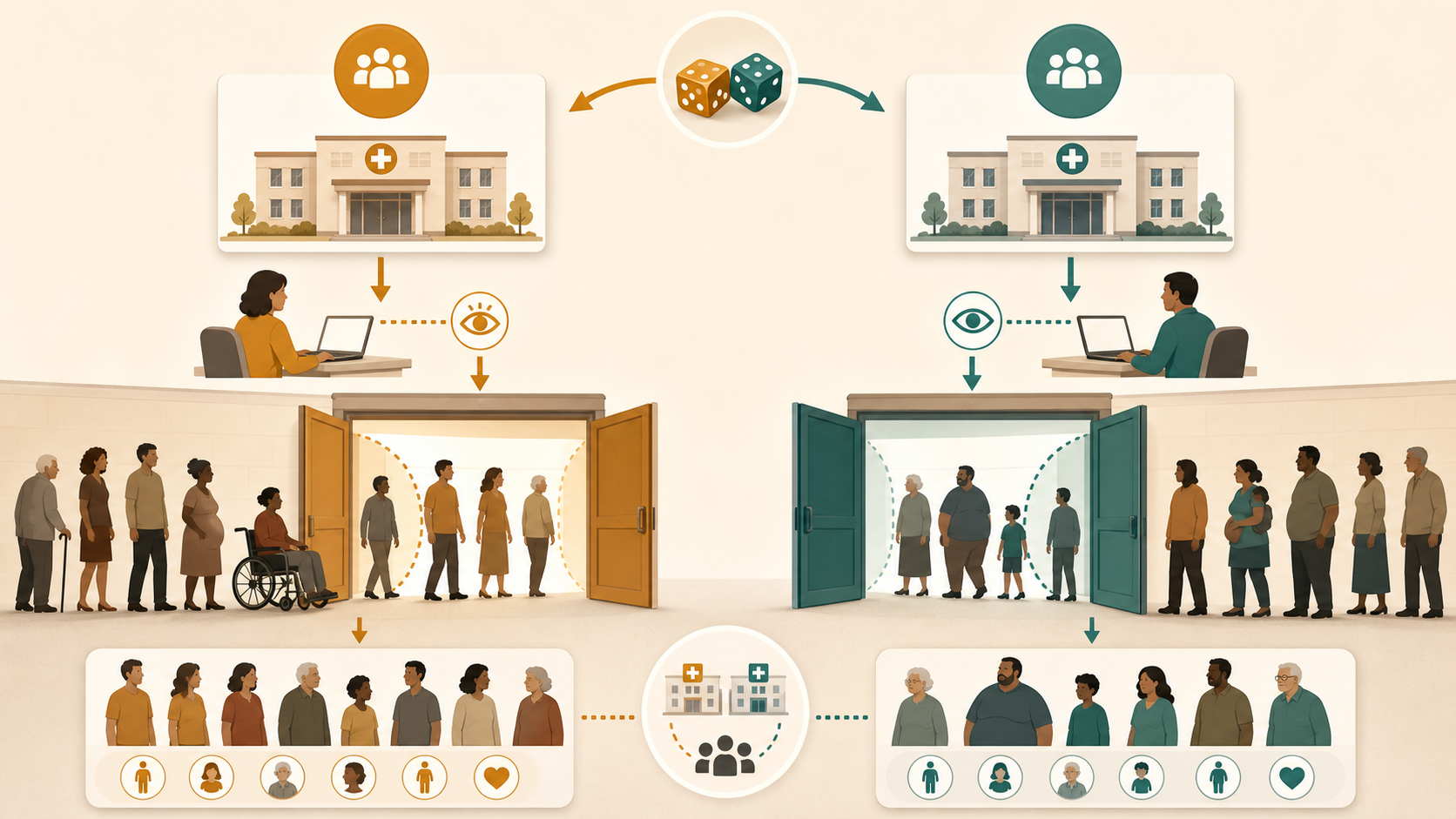 Two randomized clinics whose visible assignments influence which patients pass through later recruitment doors