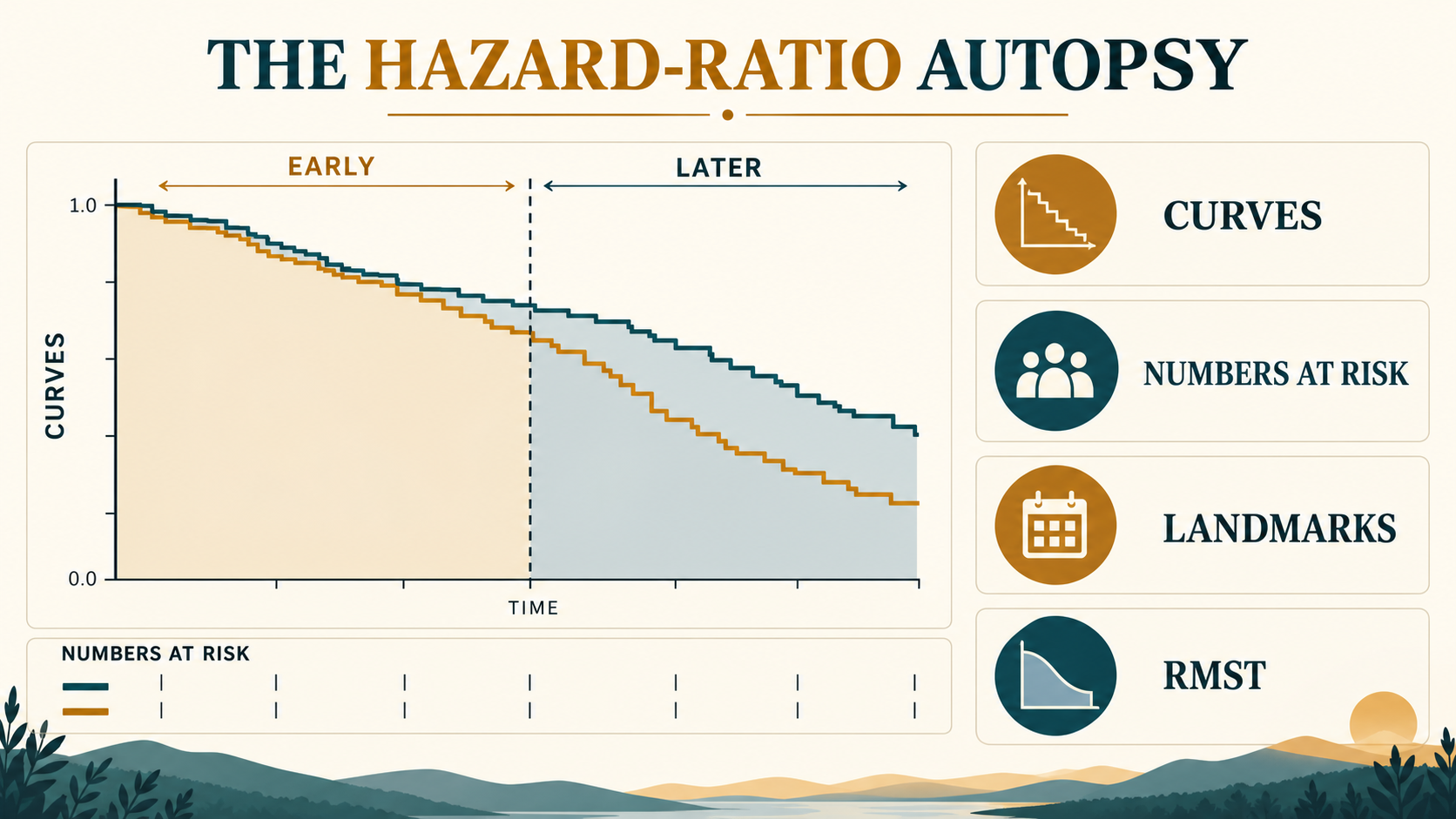 Teaching graphic showing survival curves that separate later, with prompts to inspect curves, numbers at risk, landmarks, and restricted mean survival time